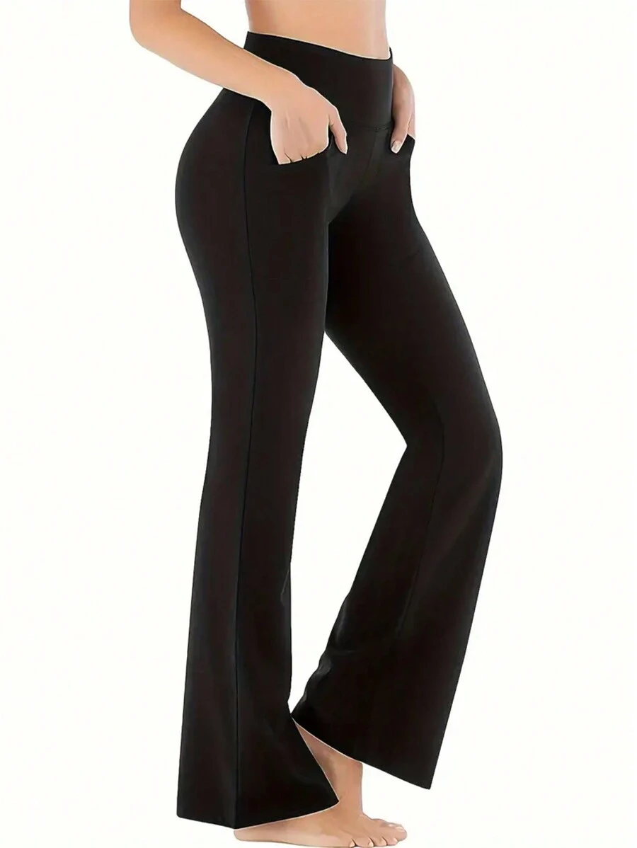 Pantaloni da yoga a palazzo con tasche per donne, pantaloni a vita alta per yoga, leggings casuali per allenamento, abbigliamento sportivo per donne - nero - Visualizzare 1