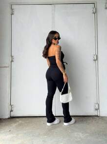 Women's Strapless Set, Pants And Cropped Top With Pad And Detail On The Side Of The Adjustable Waist, Luxury Fashion - 黑色 - 查看 2