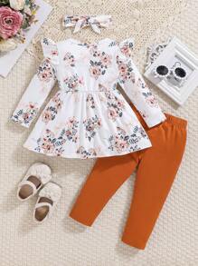 Baby Girl Floral Printed Peter Pan Collar Long Sleeve Top Plus Solid Color Long Pants, Autumn/Winter