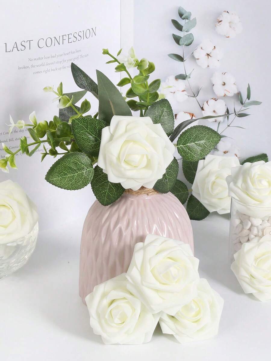 50pcs White Artificial Flower Heads 3in Stemless Fake Foam Roses For Wall Decorations, Wedding