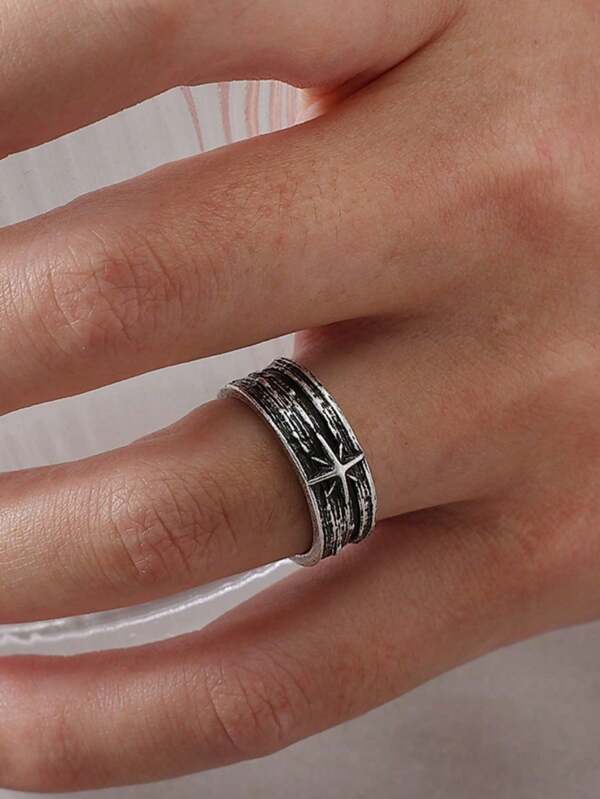 1pc Vintage Silver Star Decorated Open Ring, Suitable For Men's Everyday Wear, Rock, Casual, Punk And Hip-Hop Style