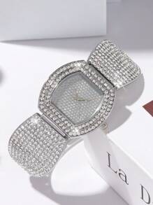 1pc Women Silver Zinc Alloy Strap Glamorous Rhinestone Decor Geometric Dial Quartz Watch & 2pcs Bracelet, For Party Holiday As A Gift For Students Returning To School - Silver - View 4