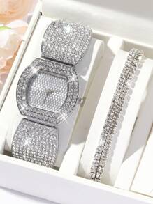 1pc Women Silver Zinc Alloy Strap Glamorous Rhinestone Decor Geometric Dial Quartz Watch & 2pcs Bracelet, For Party Holiday As A Gift For Students Returning To School - Silver - View 1