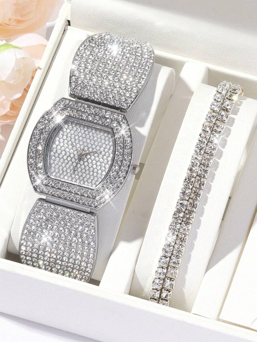 1pc Women Silver Zinc Alloy Strap Glamorous Rhinestone Decor Geometric Dial Quartz Watch & 2pcs Bracelet, For Party Holiday As A Gift For Students Returning To School - Silver - View 1