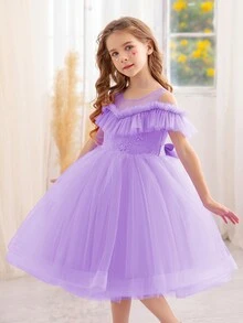 Vestido Princesa de Tule com Laço para Menina Jovem, Adequado para Festa do Dia dos Namorados, Festa de Aniversário, Dama de Honra em Casamento, Celebração de Festival, Apresentação Escolar, Uso Diário - Malva - Visão 5