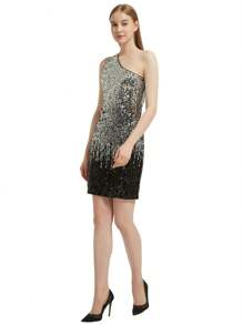 Women's One Shoulder Sparkle Sequin Stretchy Cocktail Club Mini Dress - 黑與白 - 查看 3