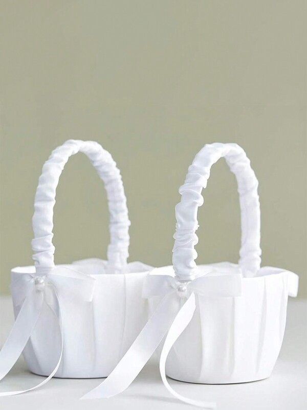 1pc Flower Basket White Pearl Ribbon Flower Basket Bridal Flower Basket Wedding Supplies