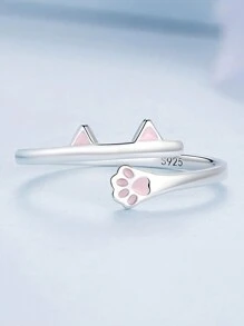 WOSTU 1 Bạc 925 Hồng Tai Mèo Và Paw Mở Vòng Thú Cưng Dễ Thương Đơn Giản Có Thể Điều Chỉnh Nhẫn Nữ quà Tặng Sinh Nhật - Bạc - Xem 3