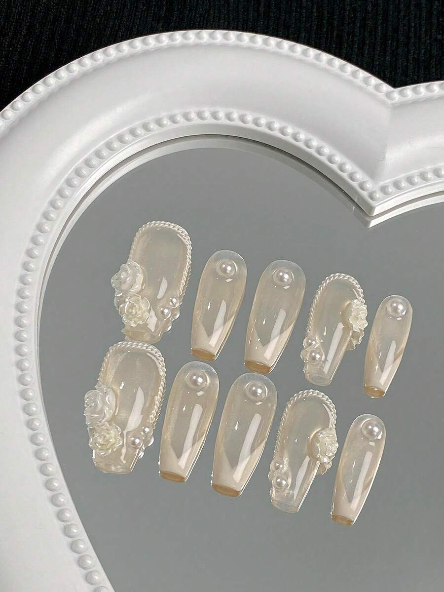 10片手工簡約山茶花法式美甲中長可拆卸假指甲,適合女性、女孩、學生、上班族,含1件凝膠指甲油與1件指甲锉,方便使用的手工穿戴式美甲 - 無色 - 查看 1
