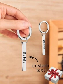 Personalized Men's Name Engraved Keychain, Classic Stainless Steel Round Keyring With Bar Pendant, Fashionable And Simple Customized Name And Date Keyring For Bag Or Luggage Tag, Family Jewelry As A Gift For Boyfriends And Fathers On Holidays Like Father's Day
