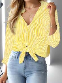 Women's Lapel Striped Pocket Office Work Long Sleeve Shirt - Yellow - View 2