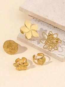 5pcs Stainless Steel Fashionable Exaggerated Creative Golden Round, Flower And Heart Shape Ring Set, Suitable For Women's Daily Wear Or Gift Giving Valentines - Yellow Gold - View 2