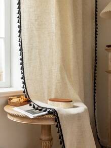 1pc American Solid Bamboo Flax Semi-Blackout Kitchen Curtain, Japanese Minimalist Black Tassel Room Divider Curtain, Suitable For Farmhouse Decor, Applicable To Casement Window, Bedroom, Dining Room, Living Room, Study, Balcony, Terrace, Hotel, Cafe, All Seasons