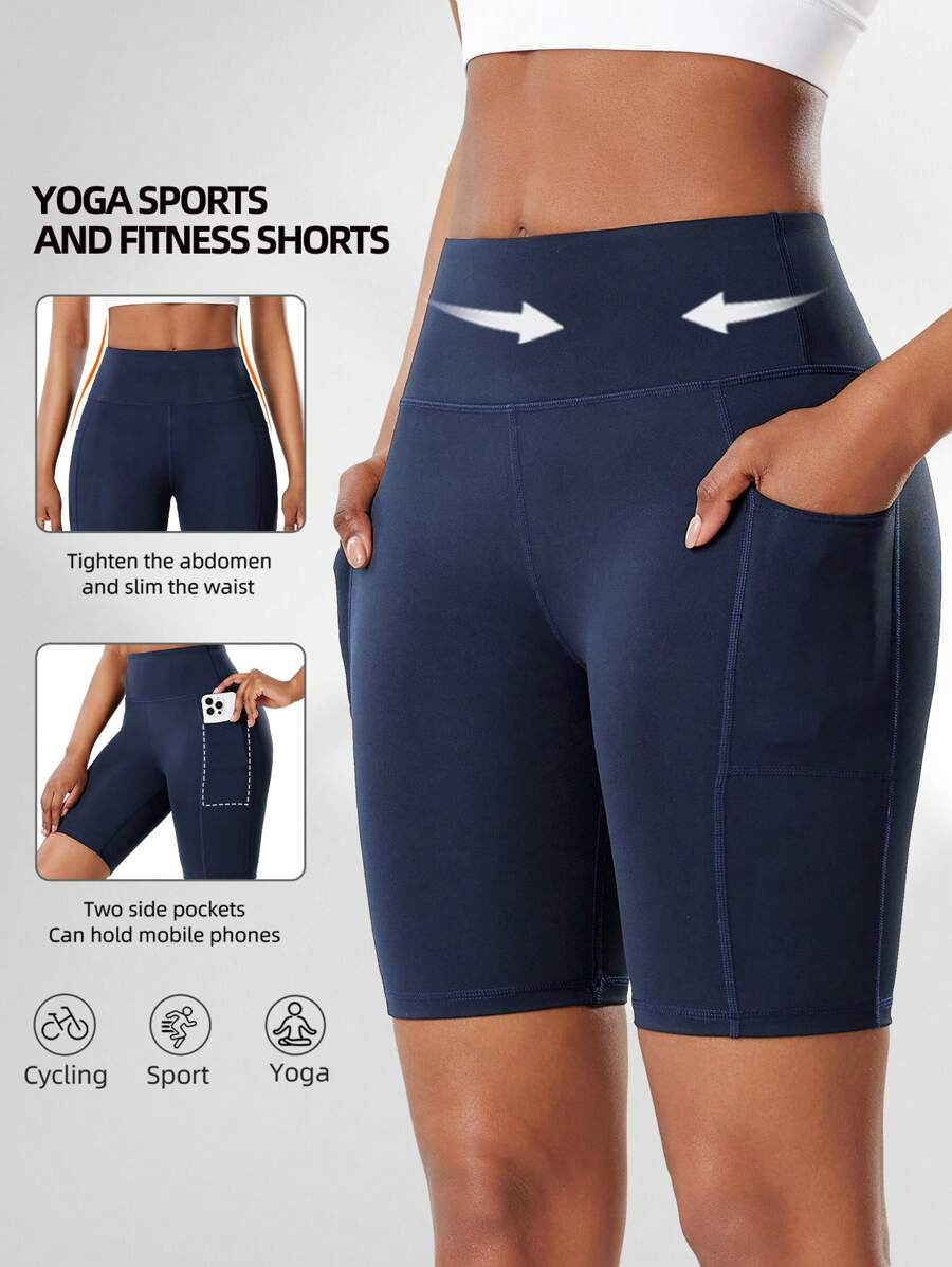 Pantalones cortos de yoga de cintura alta con bolsillos laterales para mujer, pantalones cortos de compresión para entrenamiento de fitness al aire libre, pantalones cortos de boxeo para mujer