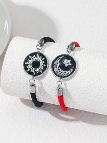 2Pcs Fashion Romantic Sun And Moon Stainless Steel Luminous Gemstone Woven Bracelet Valentine's Day Couple Bracelet Valentines - Multicolor - View 2