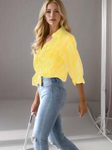 Women's Lapel Striped Pocket Office Work Long Sleeve Shirt - Yellow - View 3