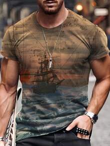 Camiseta sin cuello negra hombre casual,playera con estampado de graffiti para hombre,tipo polo calidad de manga corta, suave y transpirable, ideal para fiestas - Marrón - Ver 2