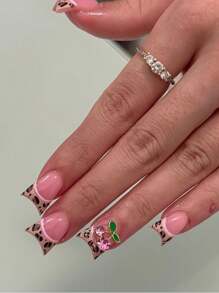 24片高端Y2K豹纹法式3D樱桃中号鸭嘴假指甲甜美酷炫按压式指甲适合女士女生日常佩戴美甲用品指甲 - 彩色 - 查看 2