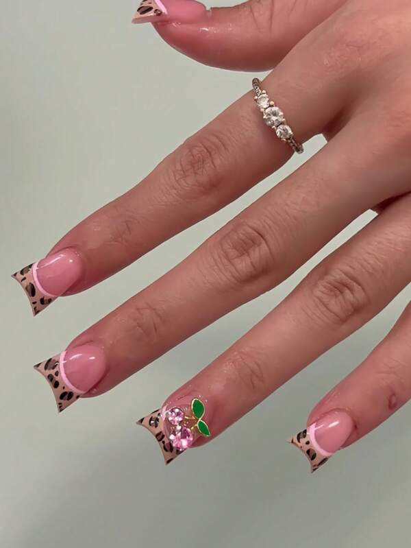 24pcs High-End Y2K Leopard French 3D Cherry Medium-Sized Duck-Billed False Nails, Sweet And Cool Press-On Nails, Suitable For Women And Girls To Wear Daily