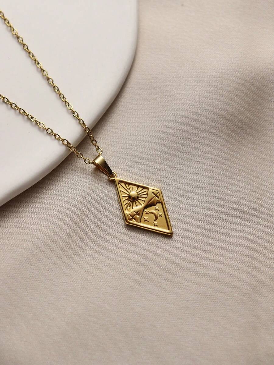 1Pc Phong cách tối giản Thép không gỉ mạ vàng 18K Mặt dây chuyền kim loại hình học Vòng cổ chuỗi xương đòn với mặt trời, mặt trăng và các vì sao, thích hợp cho ngày của phụ nữ và quà tặng sinh nhật - Vàng - Xem 1