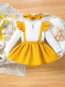 Conjunto de body de manga larga con estampado de oso de dibujos animados y diadema con lazo para bebé niña - Multicolor - Ver 2
