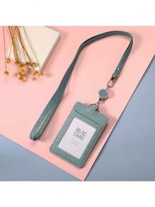 紋理卡片套，可縮收夾和掛繩，適用於學生和專業人士，PU皮革身份證卡卷軸 - 豎 - 查看 8