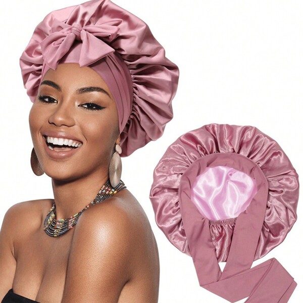 Women's Solid-Color Silky Satin Bonnet With Adjustable Tie Closure - Comfortable And Casual Design For Home, Everyday Wear & Sleep