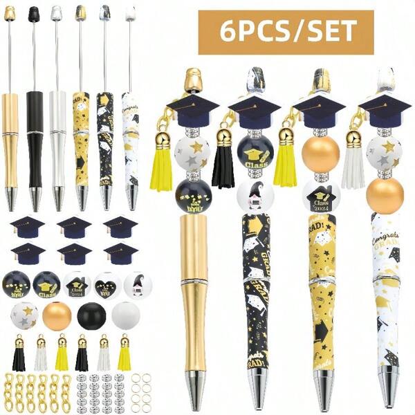 6pcs Colorful University Graduation Cap Themed DIY Beaded Set, Includes Black Ink Ballpoint Pen, Wooden Beads, Suitable As Graduation Gift For Friends, Teachers, Office & School Supplies For Parties