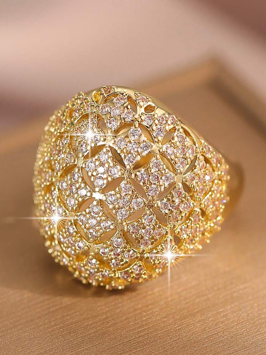 1 Pc Luxury Ins Style Big Zirconia Gold Color Charm Rings For Women Wedding Engagement Jewelry Party Gift - Gold - View 1