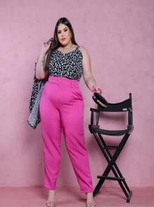 Calça alfaiataria plus size tamanho grande com cinto cintura alta social elegante trabalho reta com cinto - Pink - Visão 2