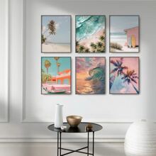 6Pcs/Set Unframed Sea Scenery Waves Cars Beach Sea View With Palm Trees Coconut Trees Poster,Waterproof Canvas Wall Art, Artwork Wall Painting For Gift,Pink Room Decor,Bedroom,Bathroom,Living Room,Dining Room,Kitchen,Office,Cafe, Bar,Wall Decor Aesthetic,Home And Dormitory Decoration Gifts Birthday Graduation Coastal Decor Coastal Decor Beach Decor