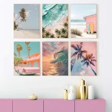6Pcs/Set Unframed Sea Scenery Waves Cars Beach Sea View With Palm Trees Coconut Trees Poster,Waterproof Canvas Wall Art, Artwork Wall Painting For Gift,Pink Room Decor,Bedroom,Bathroom,Living Room,Dining Room,Kitchen,Office,Cafe, Bar,Wall Decor Aesthetic,Home And Dormitory Decoration Gifts Birthday Graduation Coastal Decor Coastal Decor Beach Decor