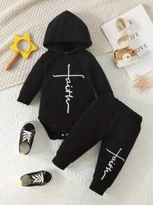 Infant Boys' 'Faith' Letter Printed Long Sleeved Bodysuit With Triangle Pattern & Long Pants Set - Black - View 1