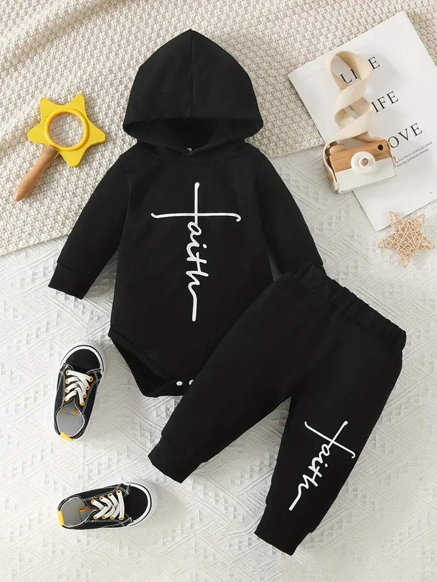 Infant Boys' 'Faith' Letter Printed Long Sleeved Bodysuit With Triangle Pattern & Long Pants Set - Black - View 1