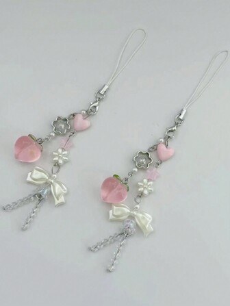 1 pieza Colgante con forma de melocotón fresco y flor con corazón, con cuentas, para correa de teléfono móvil, llavero, decoración de bolso, funda de auriculares, accesorio. Gran regalo para familia y amigos, Día de San Valentín, accesorios del coche, adorno de bolso, escuela