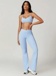 MASKERT "2-Piece Set"Women's Casual Tight Yoga Vest, Long Pants Set, High Elasticity Running Sports Set, Yoga Suit Set - 淺藍色 - 查看 1