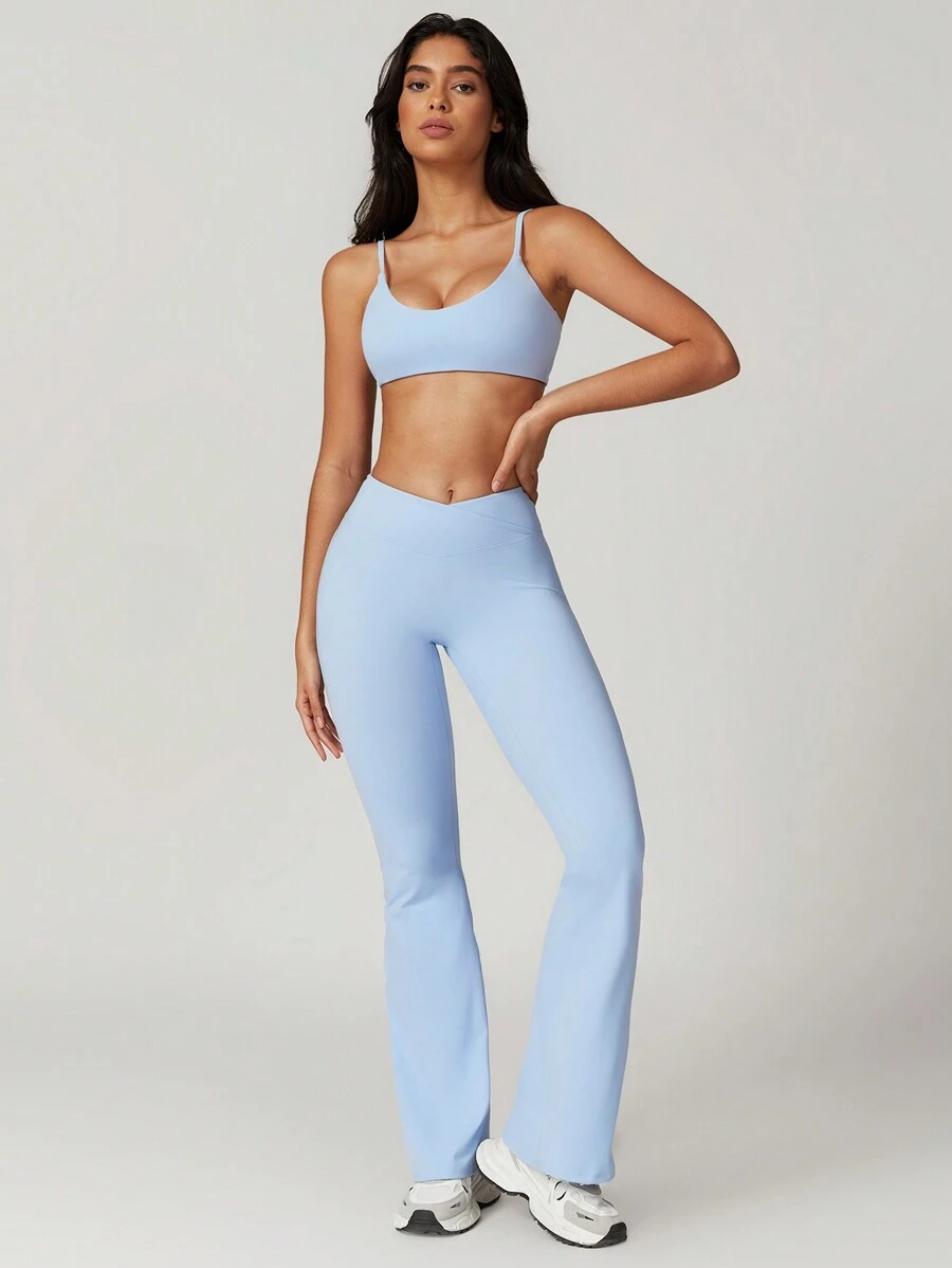 MASKERT "2-Piece Set"Women's Casual Tight Yoga Vest, Long Pants Set, High Elasticity Running Sports Set, Yoga Suit Set - 淺藍色 - 查看 1