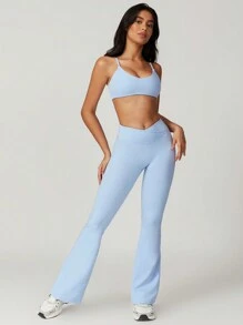 MASKERT "2-Piece Set"Women's Casual Tight Yoga Vest, Long Pants Set, High Elasticity Running Sports Set, Yoga Suit Set - 淺藍色 - 查看 4