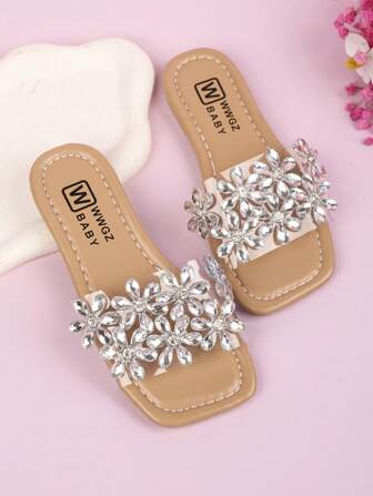 Girls' Fashionable And Lovely Transparent Strap Flat Sandals With Shiny Flowers And Rhinestones, Comfortable And Lightweight Slippers, Suitable For Parties, Outdoors And Beaches (Random Sole Pattern)