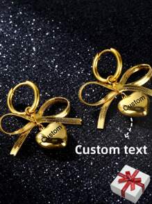 Personalized Engraved Heart Shaped Stainless Steel Name Earrings For Women, Bowknot Earrings, Jewelry & Gift For Mother's Day - Gold - View 2