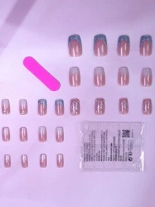 Conjunto de uñas postizas de corazón francés con purpurina azul de 24 piezas, uñas falsas cuadradas medianas con gradiente brillante y diseño de diamantes de imitación reutilizables con pegamento para uñas, acrílico y suministros de uñas artificiales para mujeres. El kit incluye lima de uñas y pegamento para uñas. Set de arte de uñas blanqueadoras con uñas postizas desmontables para festivales, fiestas, citas y uso diario. Regalo para niñas, madres y mujeres. - Multicolor - Ver 3