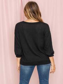 Solid Pastel 3/4 Sleeve Drop Shoulder Waffle Knit Tunic Top Band Hem Shirt - 黑色 - 查看 2