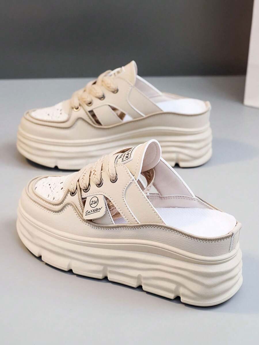 Women's White Casual Shoes, Sports Shoes, Spring, Summer, And Autumn New Outdoor Thick Soles With An Inner Height Increase, Fashionable And Versatile Vacation Style, Student Outdoor Mountaineering Mesh Breathable Skateboard Shoes, Flat Bottomed Toe Slippers, Women's Shoes - Màu Khaki - Xem 1