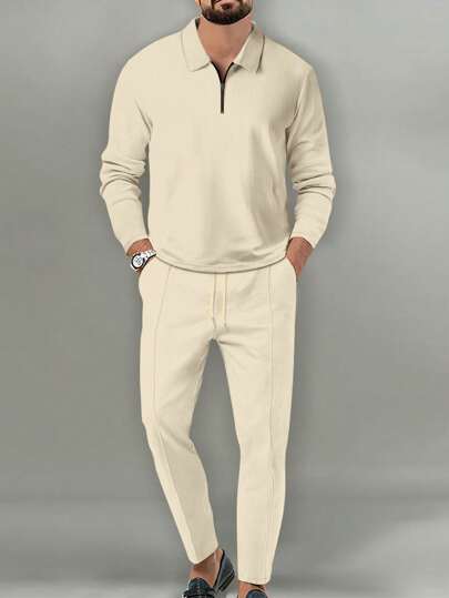 男士运动套装两件套，长袖Polo衫和运动裤，休闲华夫格纹运动服，纯色夏季运动上衣和裤子