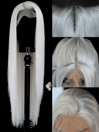 SALLYWELL 24英寸無痕綁定無膠合成長直絲綢綁鞋頭灰色女士頭套假髮，防熱合成纖維頭髮，設有嬰兒髮線