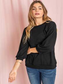 Solid Pastel 3/4 Sleeve Drop Shoulder Waffle Knit Tunic Top Band Hem Shirt - 黑色 - 查看 3