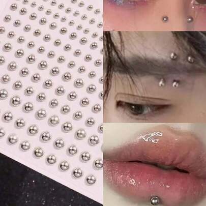 165pcs/Set 3-6mm Silver-Plated Acrylic Fake Nose Ring Stud Sticker Fake Eyebrow Lip Piercing Non Piercied Body Jewelry Face Sticker For Women Party Jewelry