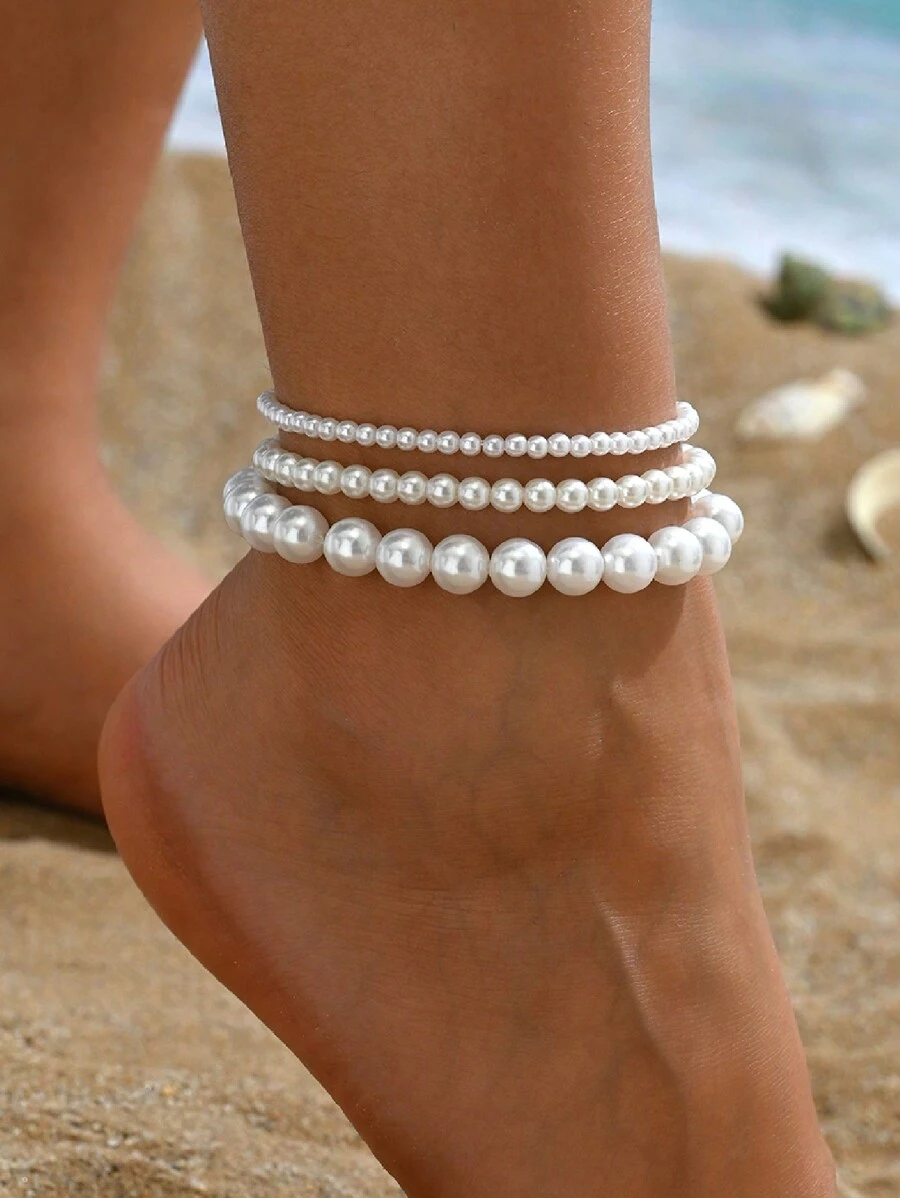 3 cái/bộ Vòng chân trang sức ngọc trai giả cổ điển, thiết kế đơn giản và thanh lịch cho đôi chân của phụ nữ, thích hợp để đeo hàng ngày - trắng - Xem 1