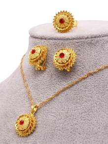 女士镀金首饰套装项链吊坠耳环非洲迪拜婚礼新娘饰品首饰套装礼物 - 金色 - 查看 12