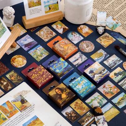 1 caja con 45 piezas de la Serie de Pintura Mundial Famosa. Pegatinas MINI, material decorativo para álbumes de fotos, diarios, manualidades, tarjetas, útiles escolares. papelería libro de sticker estikers